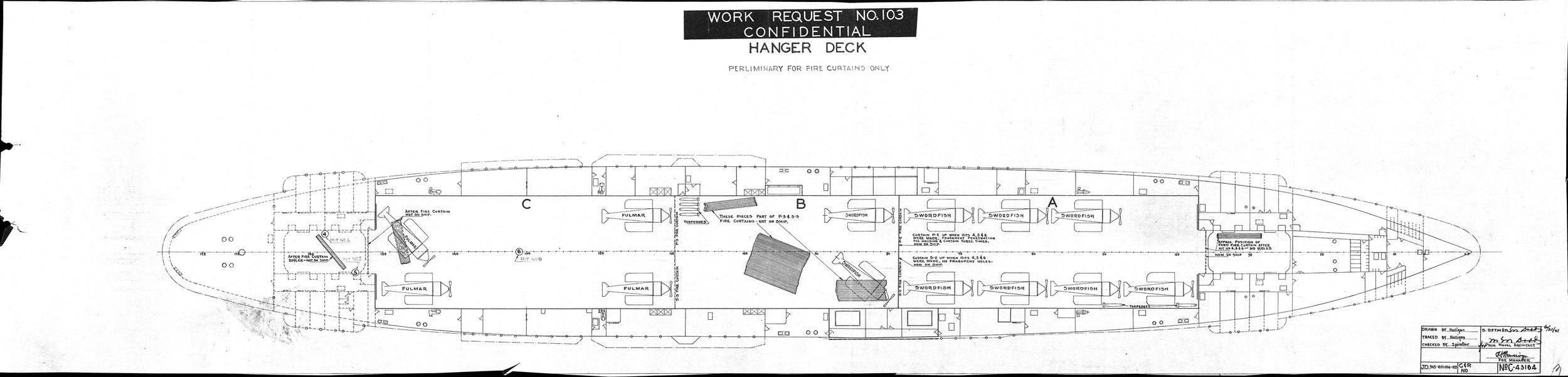 A preliminary hangar deck damage diagram in the US National Archive, showing the position of aircraft and the metal fire curtains. Click on the image for a larger version to display. Picture courtesy 'Researcher at Large'