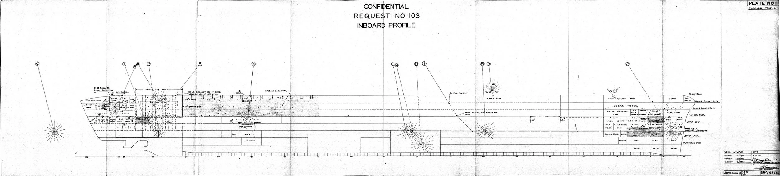Click on the image for a larger view. This is a preliminary HMS Illustrious battle damage drawing compiled by the Norfolk Navy Yard. For more battle damage drawings and pictures, view the damage report pages linked to this page. Picture courtesy 'Researcher at Large'