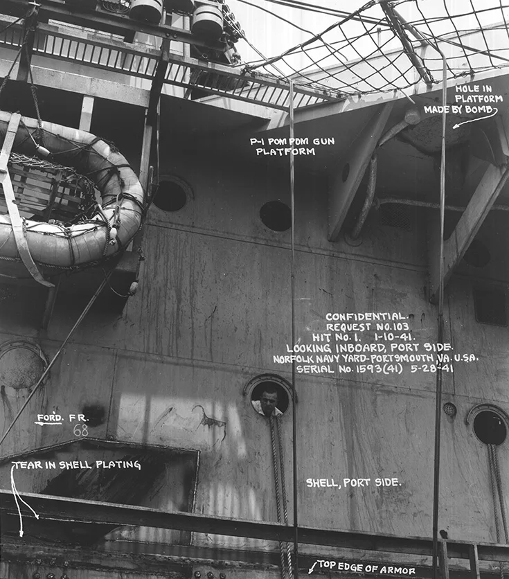 An annotated photo from the Norfolk Navy Yard showing the damage done to P1 Pom Pom platform and the scar on the hull and armour from the bomb glancing off the side. Picture courtesy 'Researcher at Large'