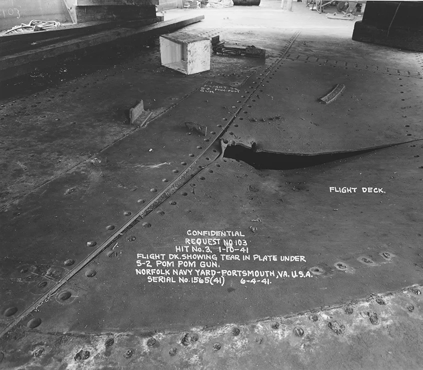 This picture from the Norfolk Naval Yard shows the damage to the flight deck after the demolished S2 Pom Pom had been removed. Picture courtesy 'Researcher at Large'