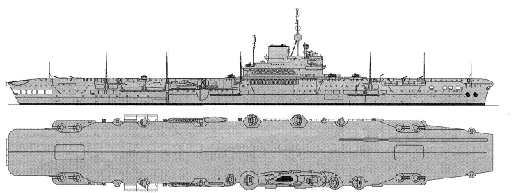 ILLUSTRIOUS class 'Batch One' key identifying features: Low freeboard, large flight deck round-down at rear (early war years) Two Pom-Pom mounts forward and rear of island (early to mid-war years). Two narrow lifts.