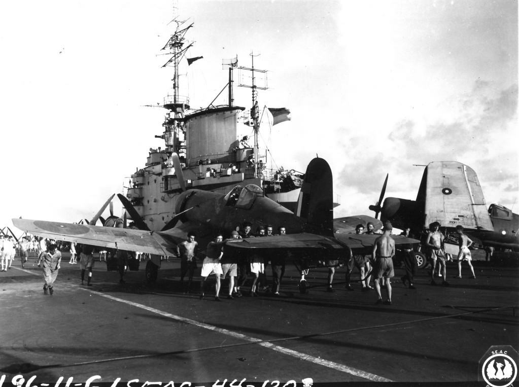 Corsairs being ranged on HMS VICTORIOUS' deck.