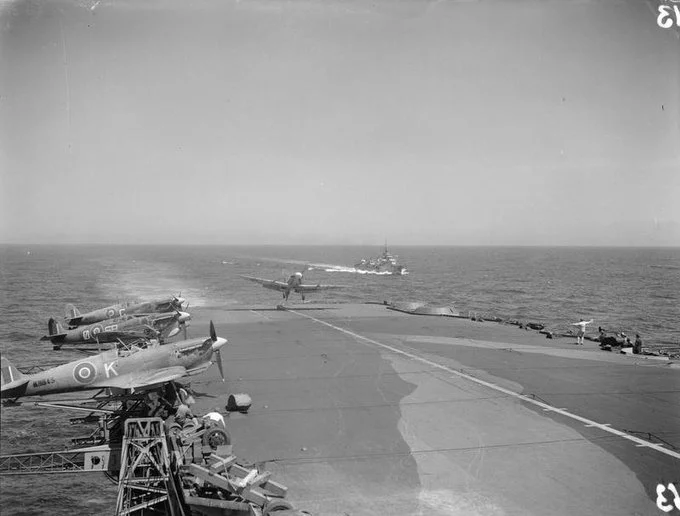 Seafires on outriggers aboard HMS FORMIDABLE in 1943
