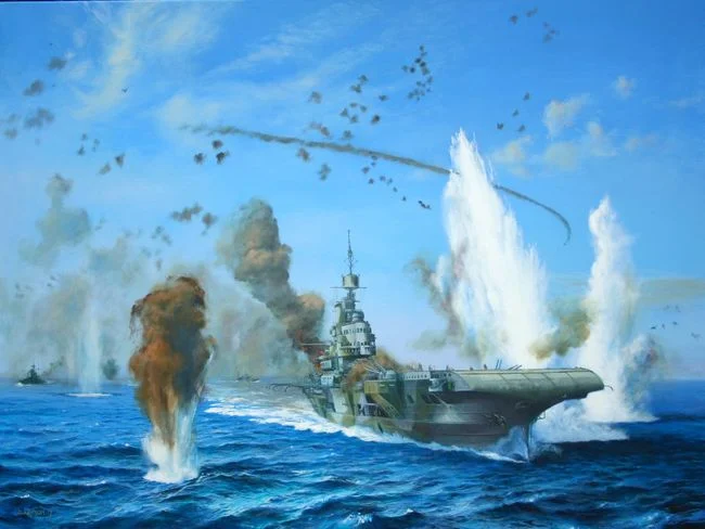 Smoke begins to bellow from HMS ILLUSTRIOUS' aft deck as the opening moves of X Fliegercorp's attack take place. Painting by Kevin Clarkson @ KevinStuart56 , website HERE