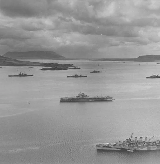HMS VICTORIOUS. Among her consorts are the USS Washington and HMS Kent.