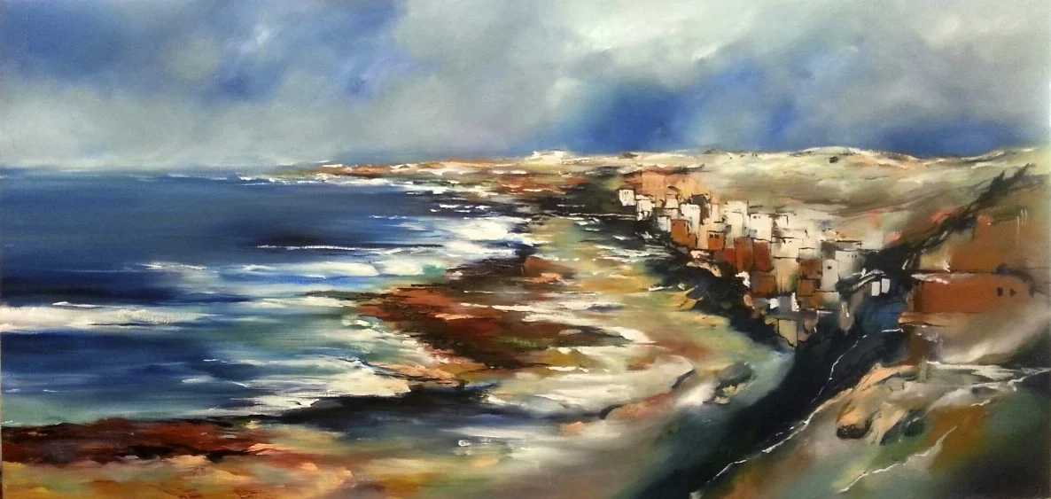 VILLAGE BY THE SEA 2 by Alice Linford Forte oil on canvas FR 75 X 145 CM $2000