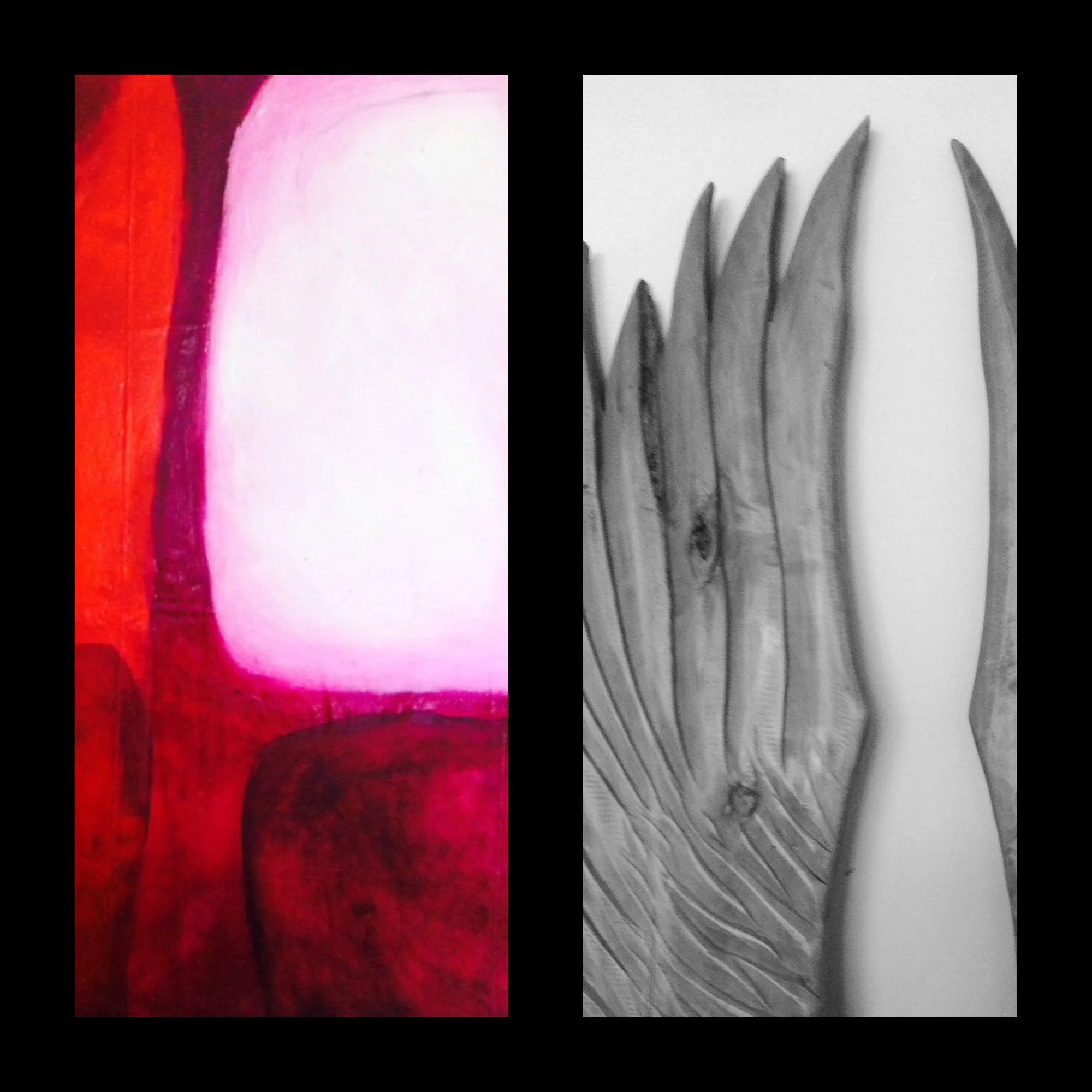 wings hard carved by Anthony Debbo and big red form on dark background by Kate Debbo