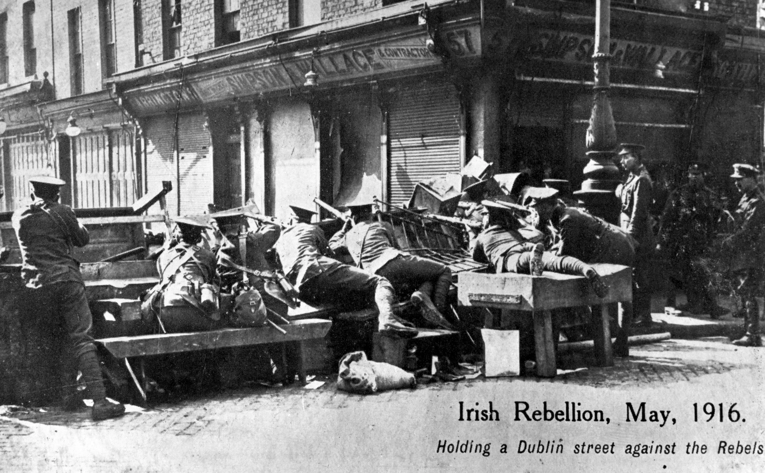British soldiers manning a barricade on the corner of Moore Street and Parnell Street (formerly Great Britain Street)