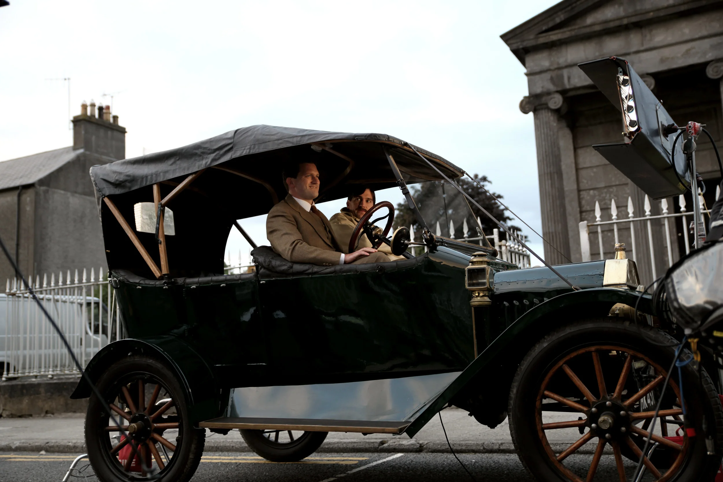 Owen McDonnell (Ned Daly) and Lochlainn O'Mearain (Piaras Béaslaí) shooting a scene in the beautiful vintage Ford.