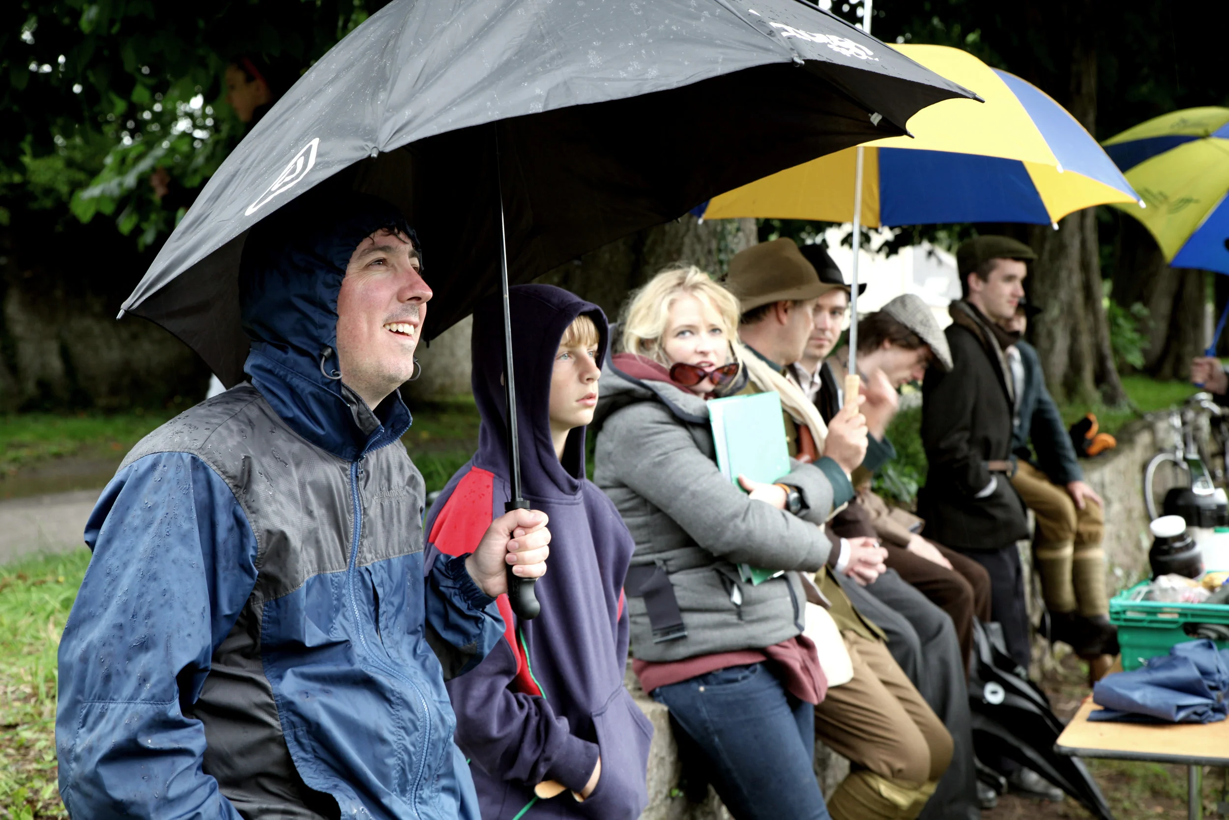 Cast and Crew take shelter from the rain in Birr, Co. Offaly.