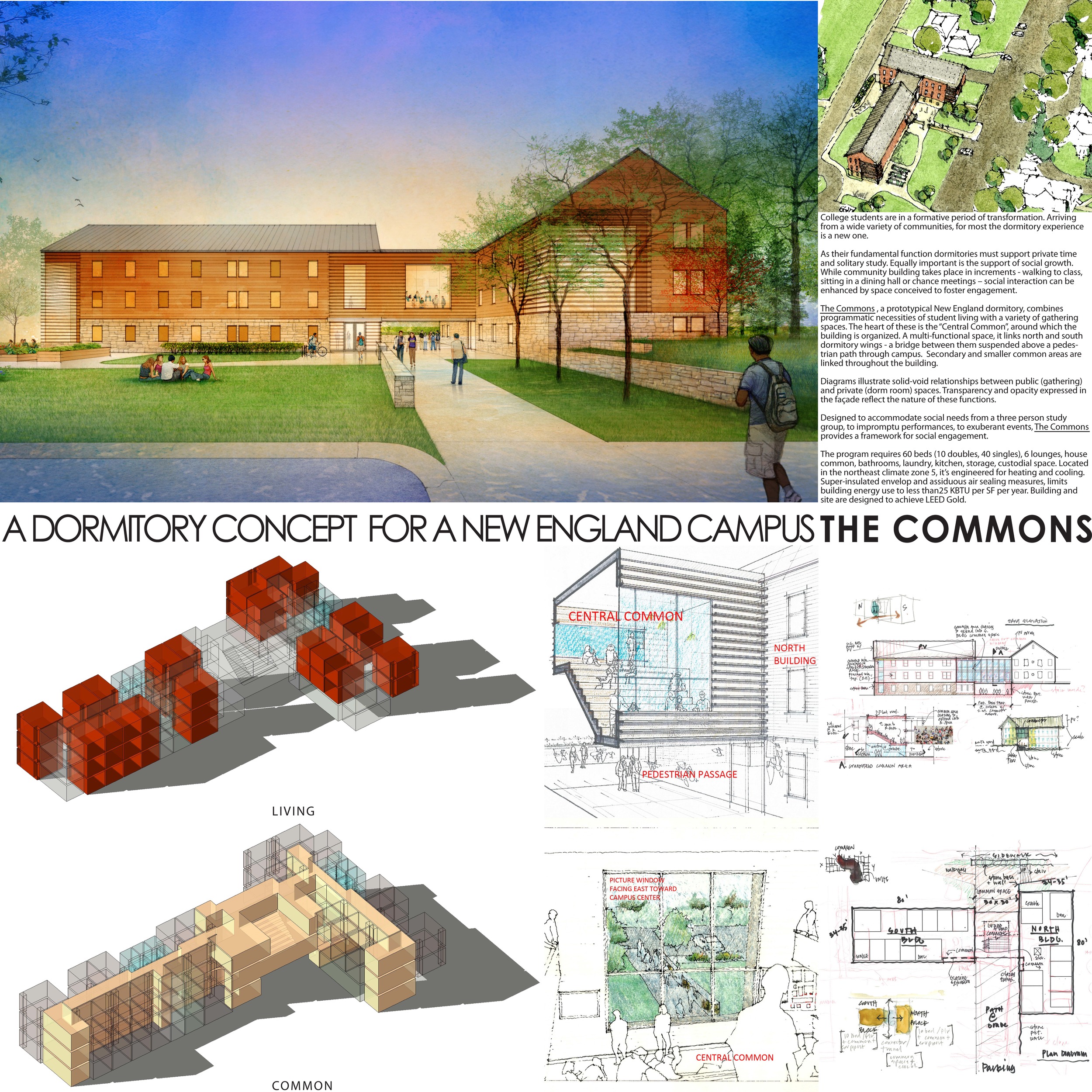 This building's organizing idea focuses on social growth as important as academic achievement in the college experience. As a prototype, this New England college dormitory encourages opportunities for students to engage socially. And the Central Common is a frame through which college life is both observed and experienced. 