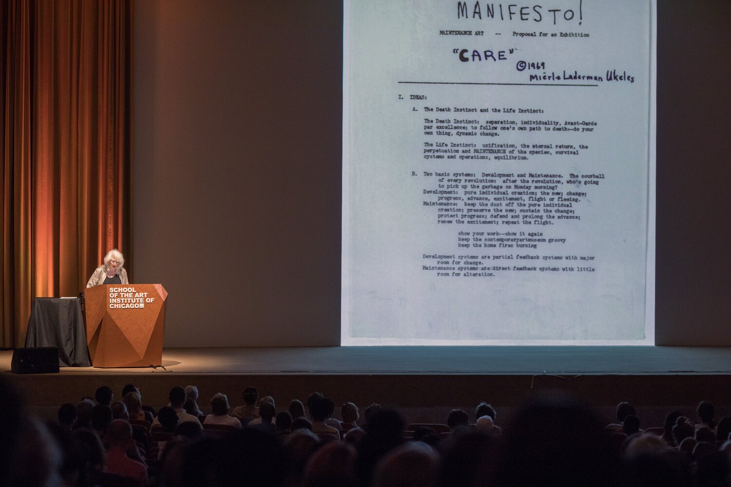  Visiting Artists Program Lecture: Mierle Laderman Ukeles, The Art Institute of Chicago, Rubloff Auditorium, 2019. 