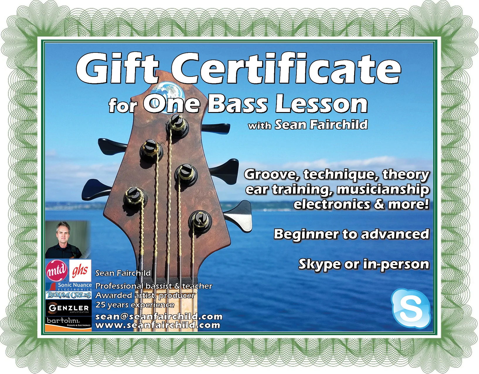 Gift Certificate for One 1-hr Bass Lesson (Skype or In-person)