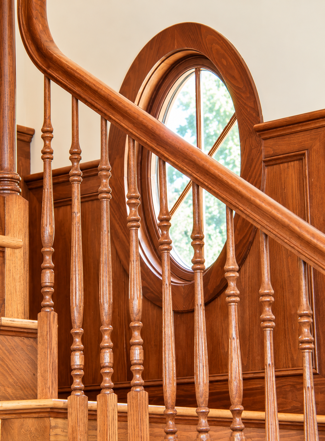 Classic Wood Staircase and Arched Window.png