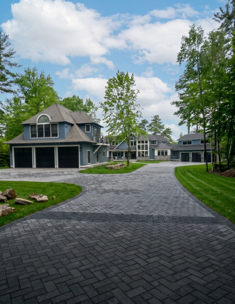 Large modern house with a gray exterior, surrounded by a paved driveway, green lawns, and tall trees under a partly cloudy sky.