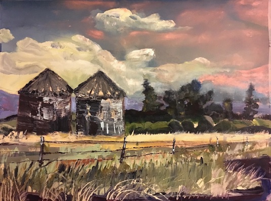 Silos and Fence, Acrylic on Canvas