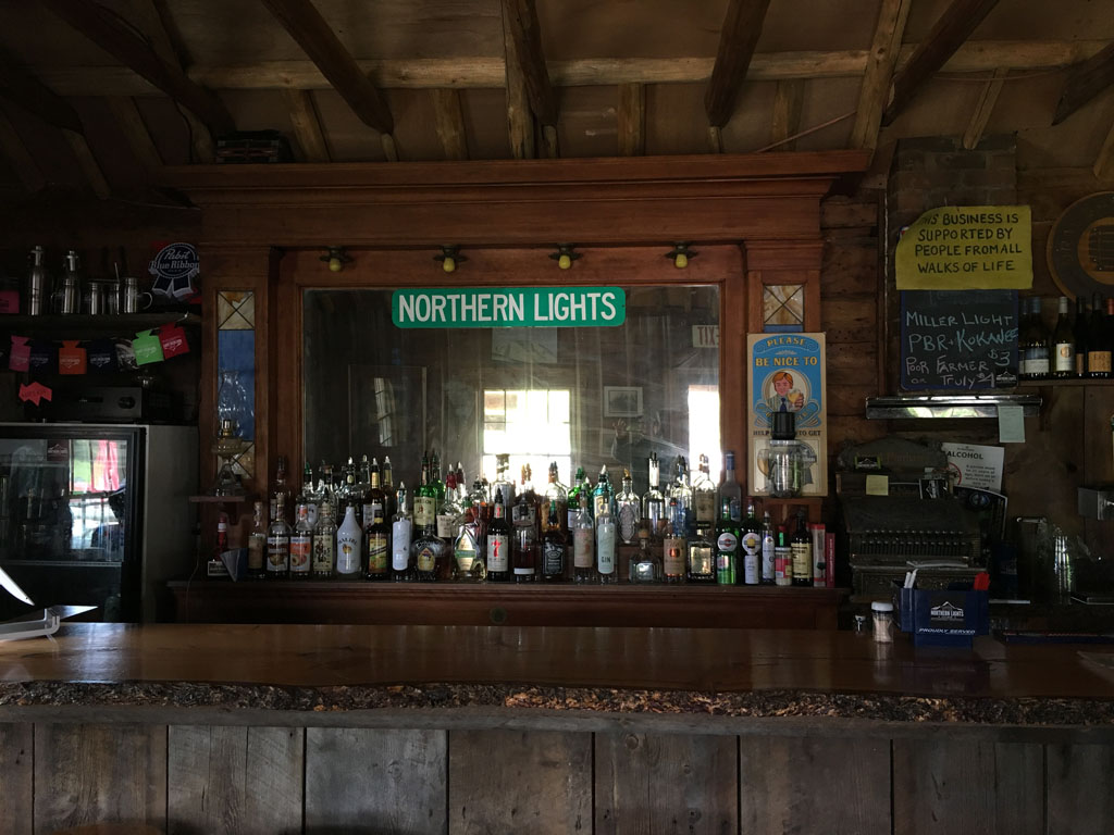 The simple back bar inside the North Lights Saloon.