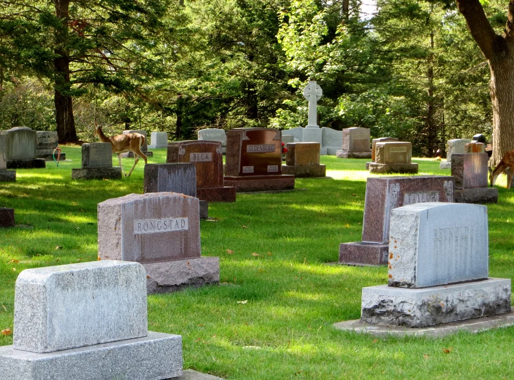 Charles Conrad’s wife, Lettie was instrumental in designing the cemetery. Along with her youngest daughter, Alicia, she visited cemeteries across the country and in Canada and Mexico to find the right design. A.W. Hobert of Minneapolis, a landscape architect and superintendent of the famed Lakewood Cemetery, designed the Conrad Cemetery with a park-like setting, featuring sweeps of expansive lawns “studded with inconspicuous embedded markers, providing a stunning framework for the Conrad Mausoleum and the stones and upright monuments that are spread over the grounds.”