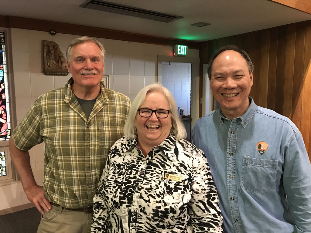 Left to right: Tom Beaudette, DCI Engineers; Deirdre Shaw, Glacier National Park Museum Curator; Jeff Mow, Glacier National Park Superintendent gave an engaging and hopeful talk highlighting the past, present, and future of the beloved Sperry Chalet in Glacier National Park.