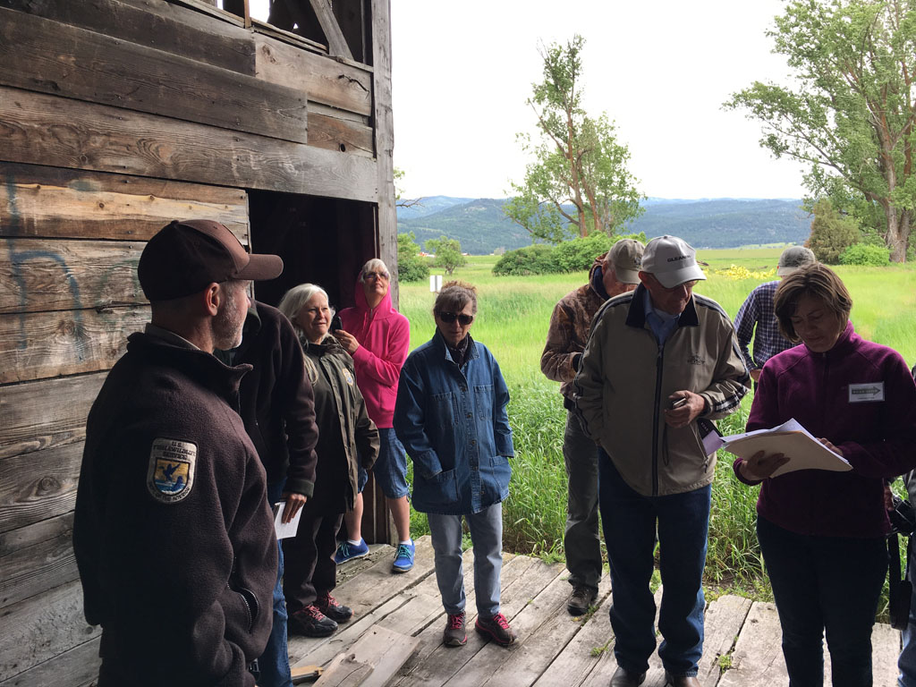 Kevin Shinn (left), Manager of the US Fish & Wildlife Service’s Blasdel Waterfowl Production Area and Christine Brown of MPA (right) explained some history of the Porter Ranch. Porter sold the ranch and everything with it in 1918 to a wealthy cattlemen in the valley, but tough economic times in MT after 1918, saw the ranch owned by a bank until 1945 when the Blasdel family bought it. Today the US Fish & Wildlife Service owns it as part of the Blasdel Waterfowl Production Area, an important nesting habitat that has preserved much land and wildlife around Flathead Lake.