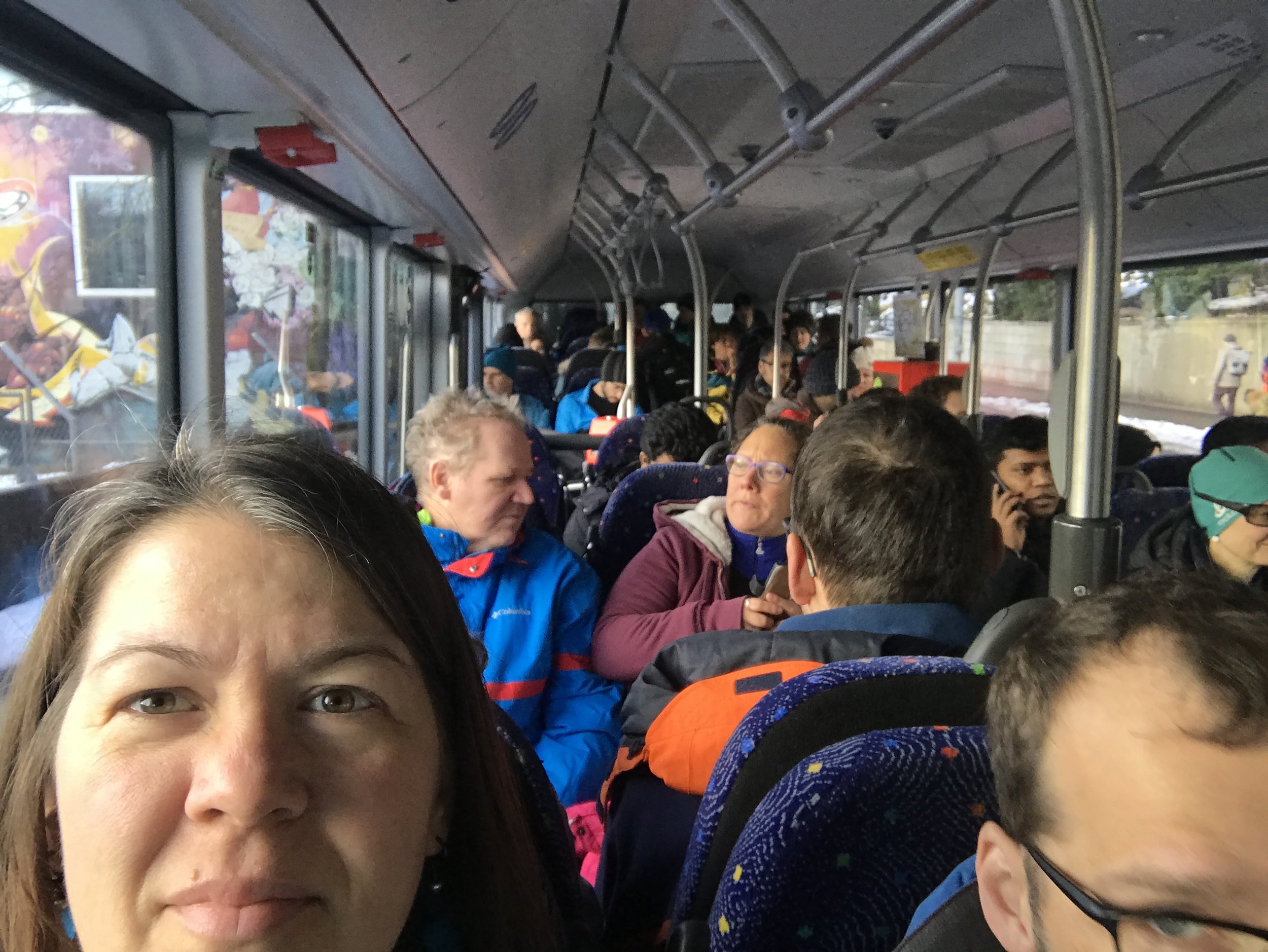 There was standing room only in the bus until a second bus arrived to take the overflow.