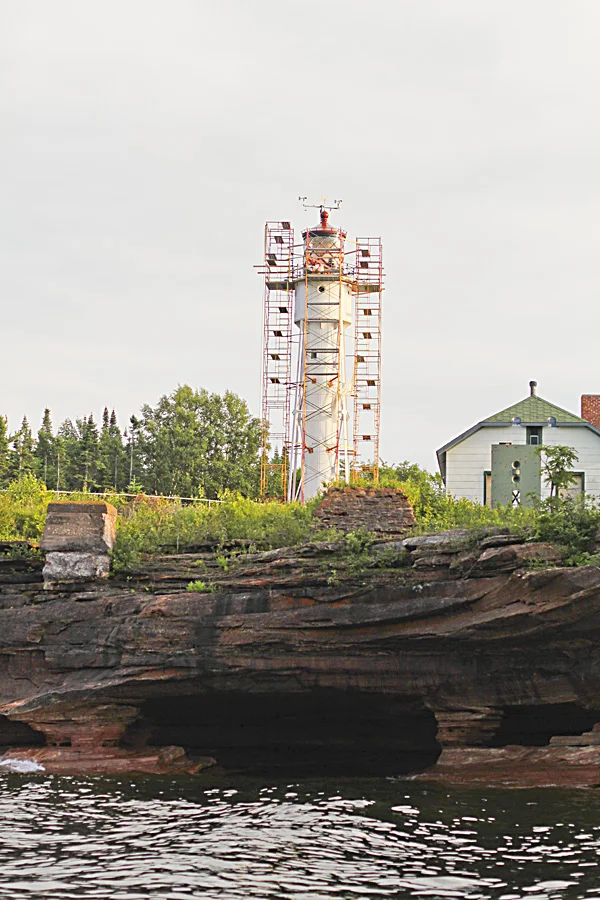 There are several lighthouses on the islands. Even though the islands are unpopulated and the lighthouse technology is no longer necessary, they are still trying to maintain them as part of history. This lighthouse was under construction. 
