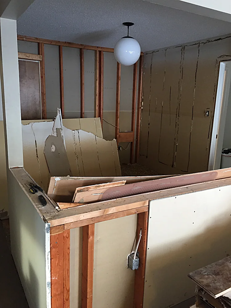 Paneling and drywall coming down in the office