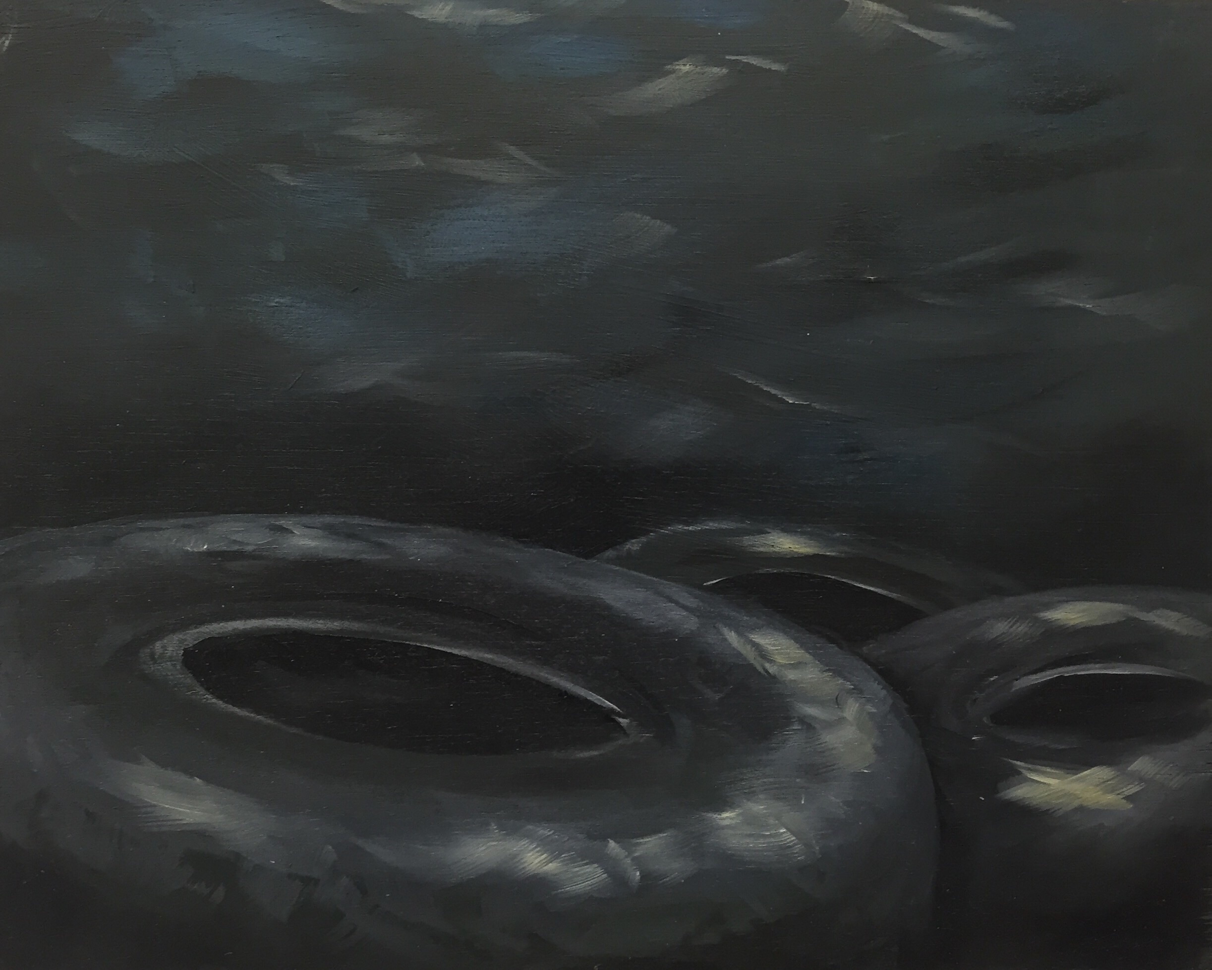 Rubber in the river, oil over acrylic