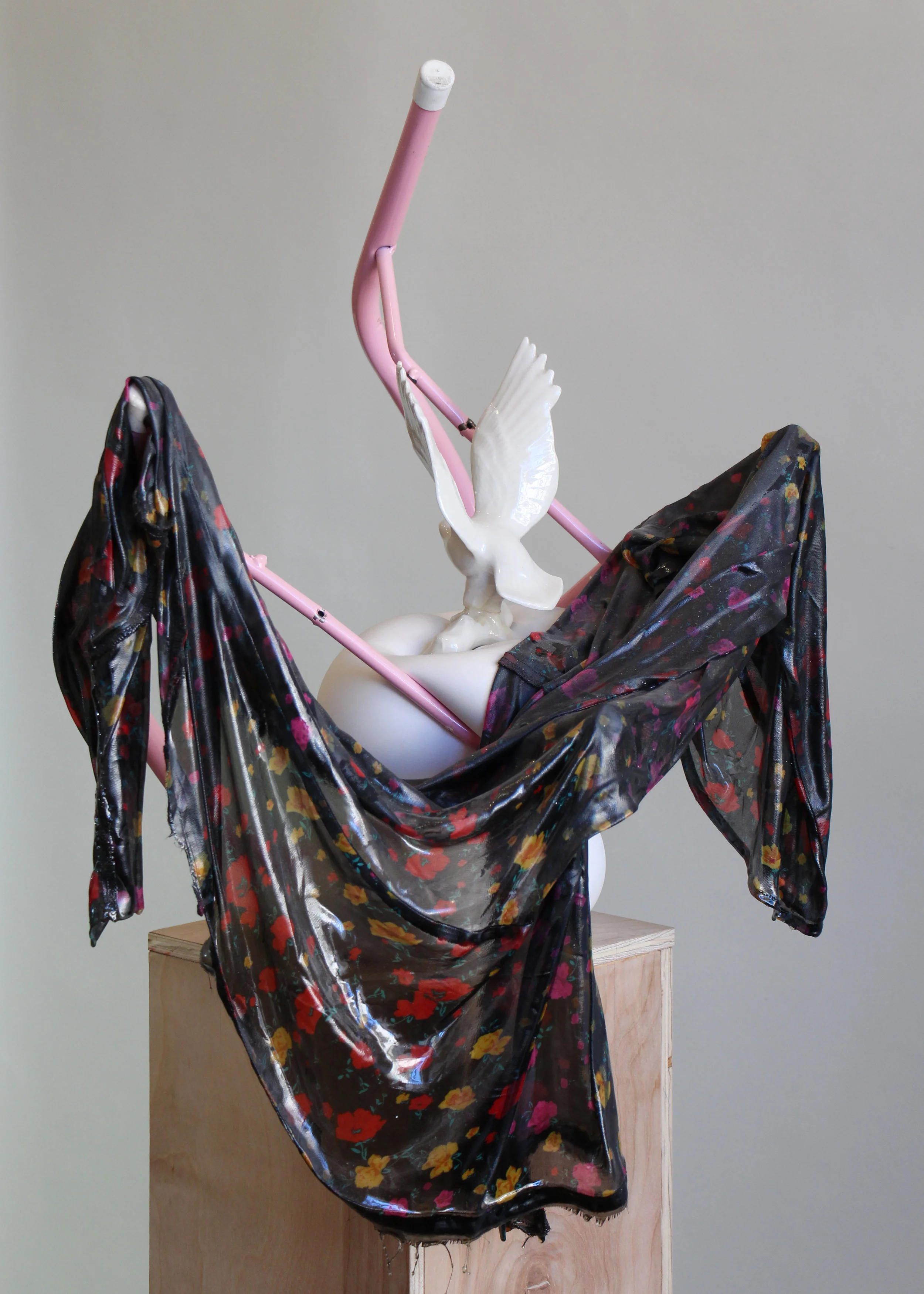 TLRQVALL! I (Tiende La Ropa Que Va a Llover!) , 2017 toddler chair, fabric, bird figurine, plaster, resin 22 x 20 x 18 in