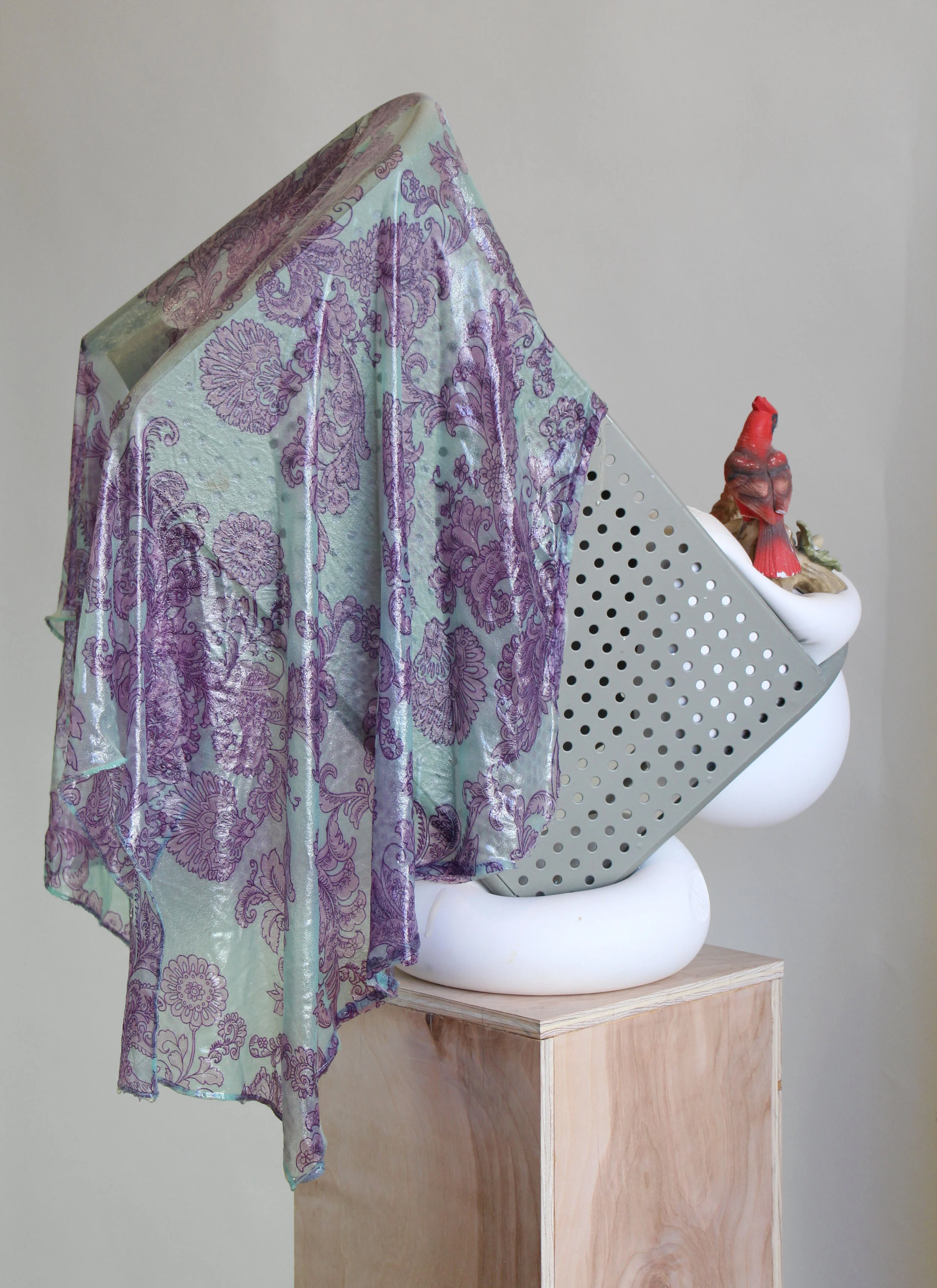 TLRQVALL! II (Tiende La Ropa Que Va a Llover!), 2017 metal, fabric, bird figurine, plaster, resin 23 x 16 x 22 in