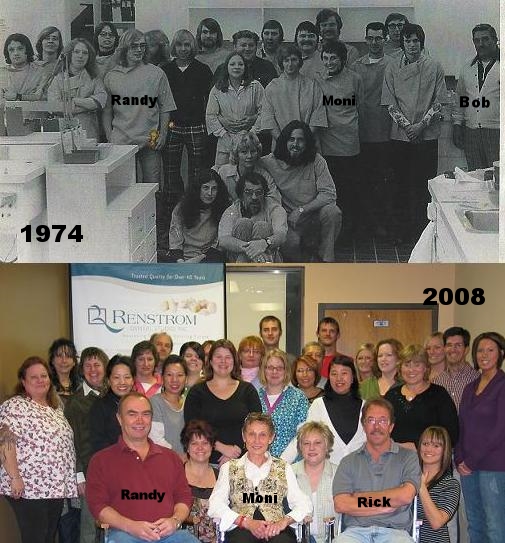 The top photo is the lab, around 1974. Randy, Moni, and Bob are all pictured. The bottom photo is of the lab in 2008, when Renstrom and Crocus merged together under the name Renstrom Dental. 