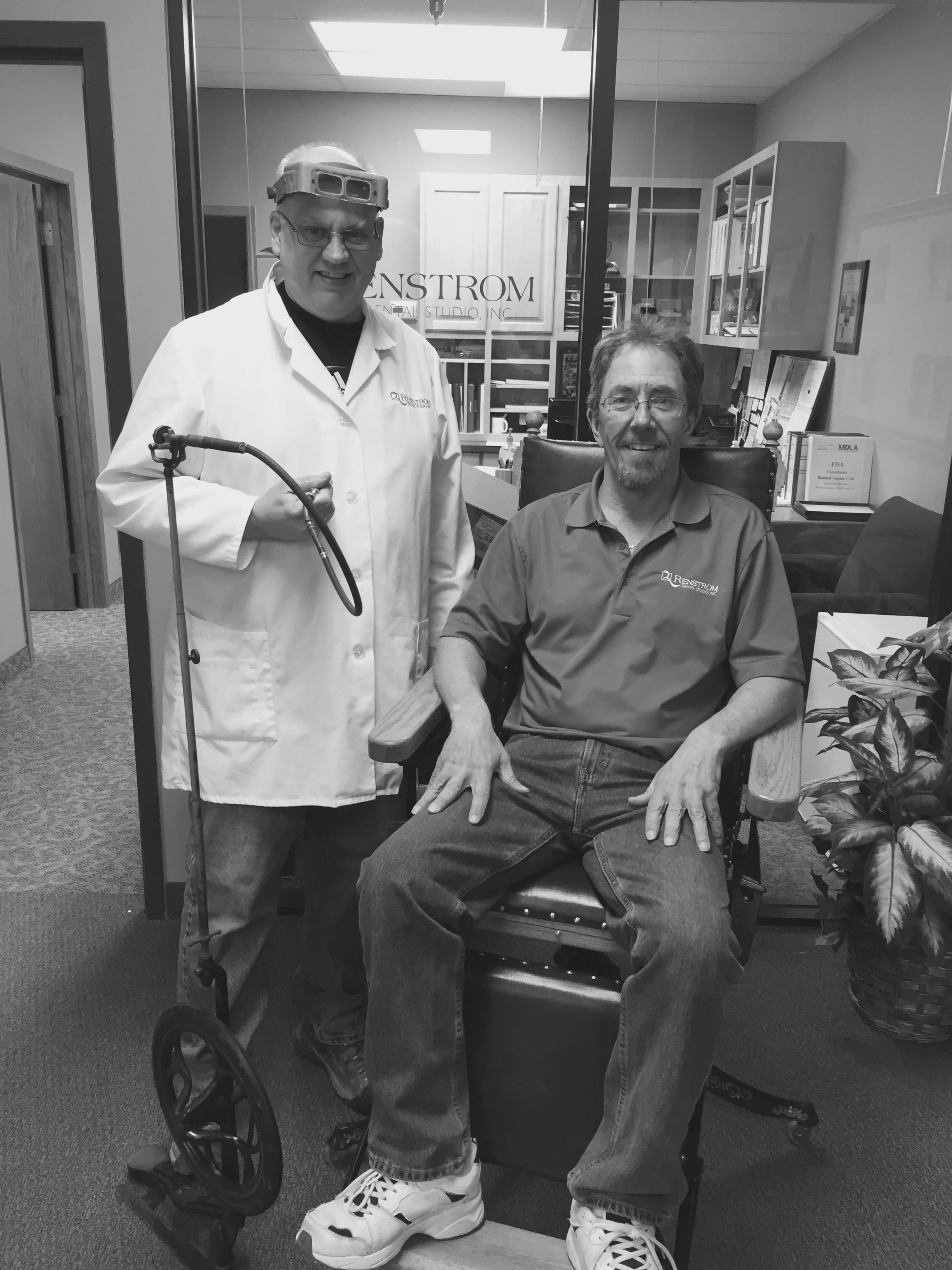 Our service technician Rob, is pictured above along with lab owner Rick Renstrom. Also pictured is our antique hand piece, estimated to be from about 1900-1920.