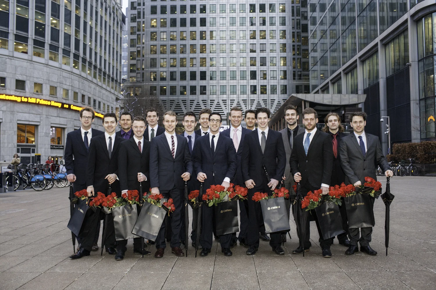 The Chivas whisky team of amorous young men ready with red roses on Valentines day courtesy of Chivas Whisky