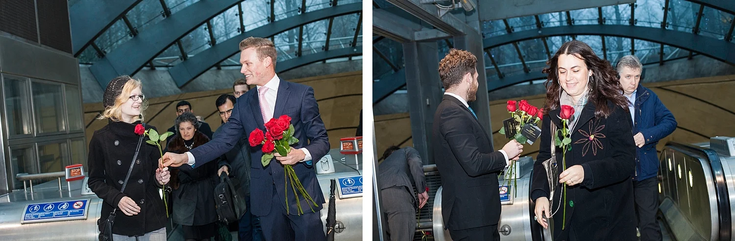 Amorous young men giving red roses on Valentines day courtesy of Chivas Whisky