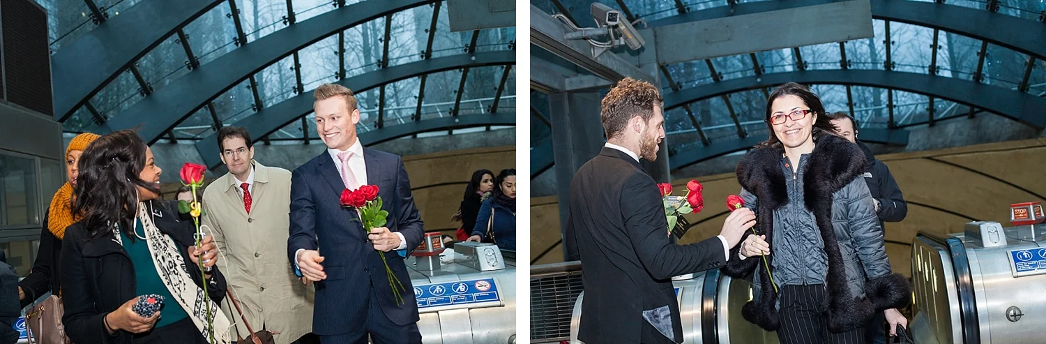 Smiling women commuters receive red roses on Valentines day courtesy of Chivas Whisky
