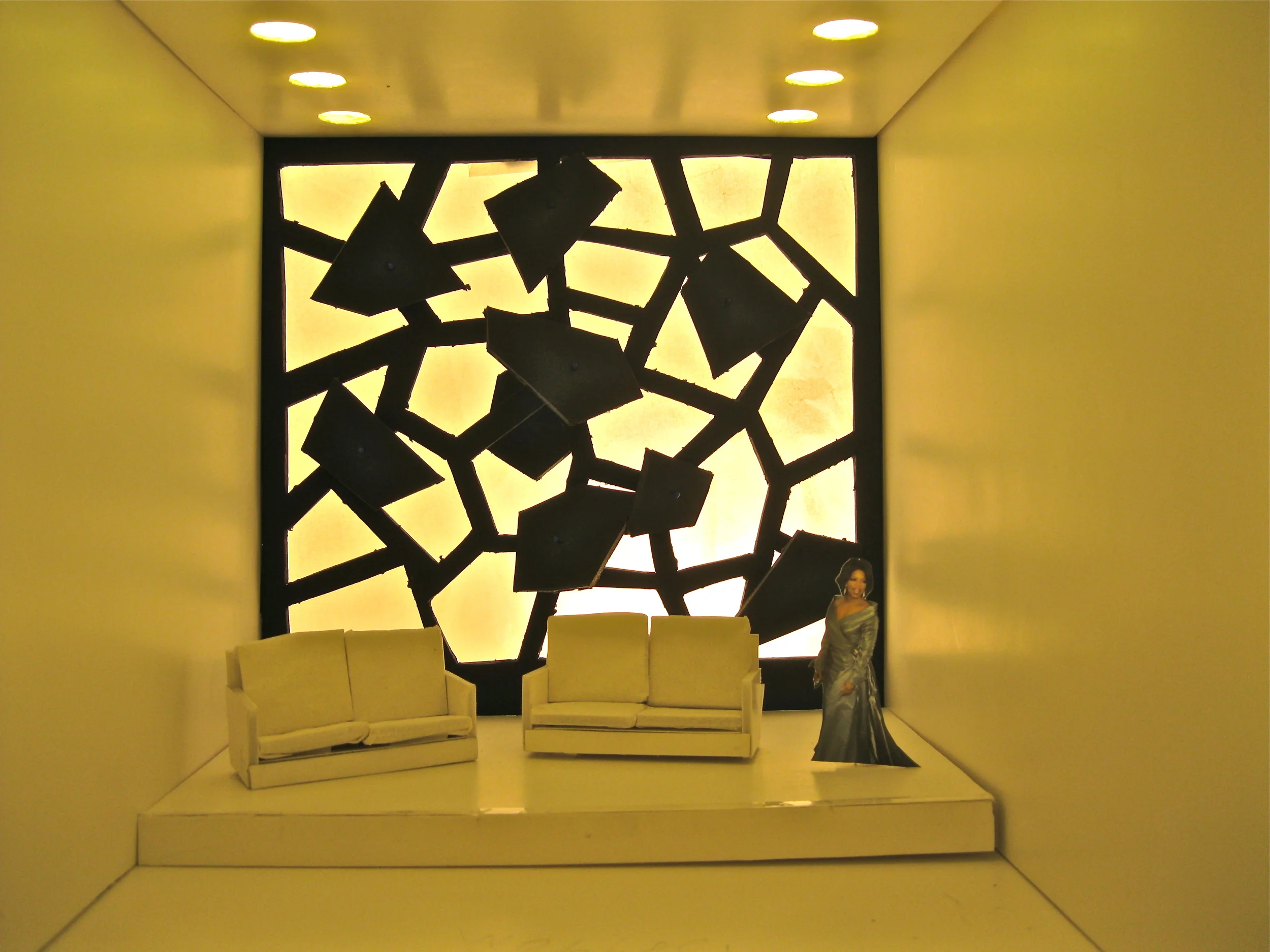  A theater set designed for a mock version of the Oprah Winfry show. &nbsp;The model was constructed as a light study and had interchangeable &nbsp;walls and ceilings to determine what combination would yield the perfect balance of natural and artifi