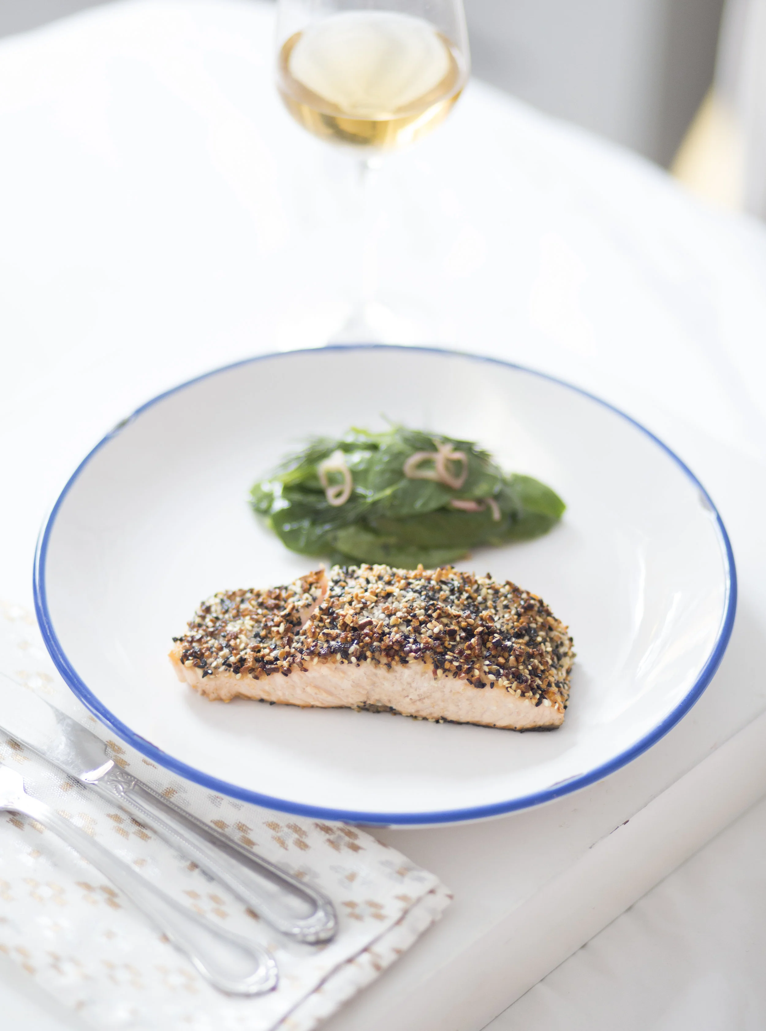 “Everything” Salmon with Sherry Spinach Salad