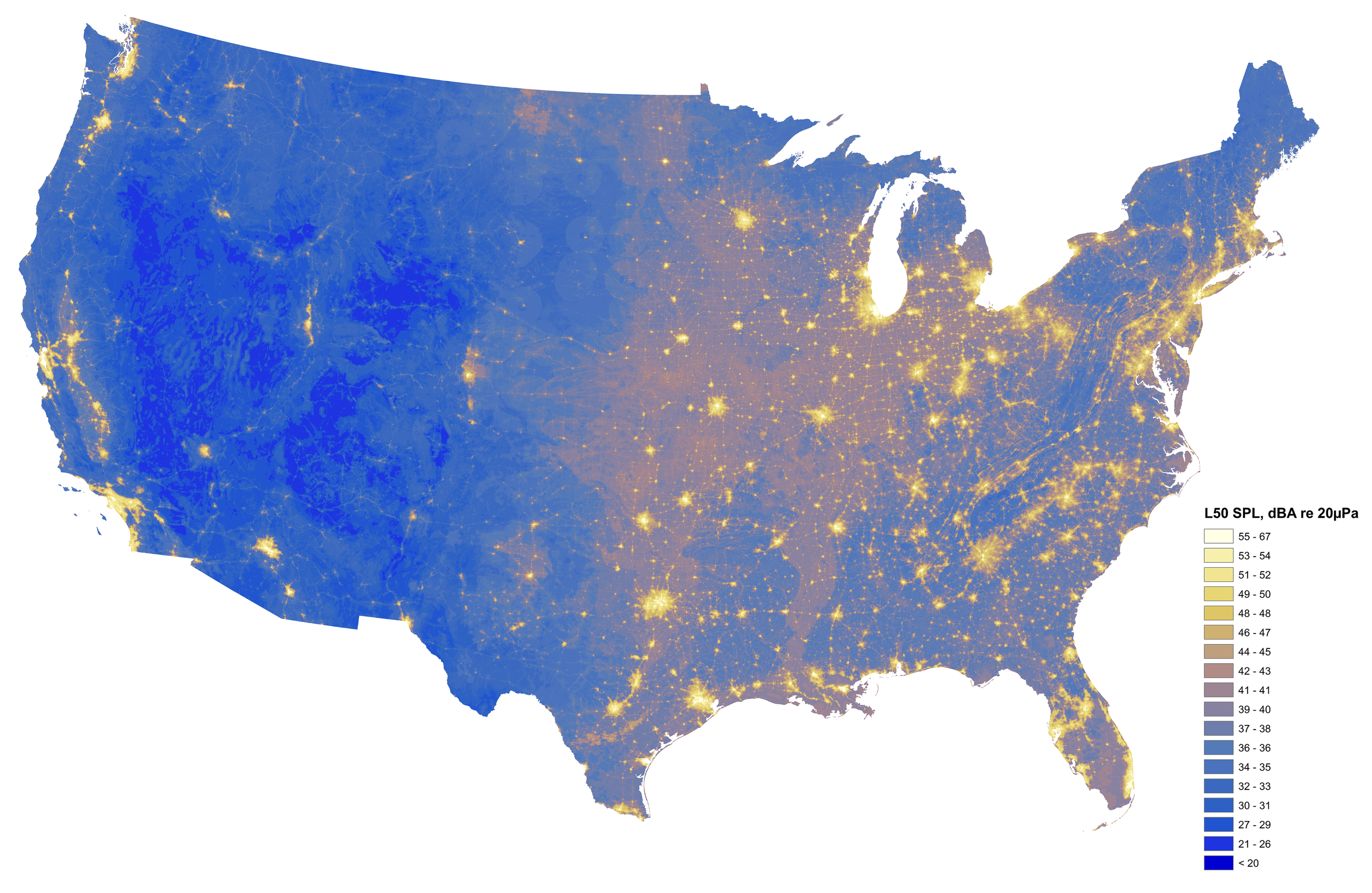 A model was developed to understand relationships between measured sound levels and variables such as climate, topography, human activity, time of day and day of year. In general, the brighter the spot, the greater the sound intensity. Source: National Parks Service