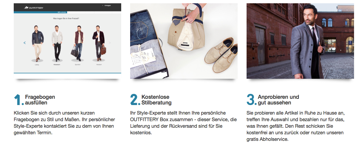 Outfittery's shopping process made simple: 1) fill in your preferences 2) get your personal free advice 3) try at home (source: outfitters.de website) 