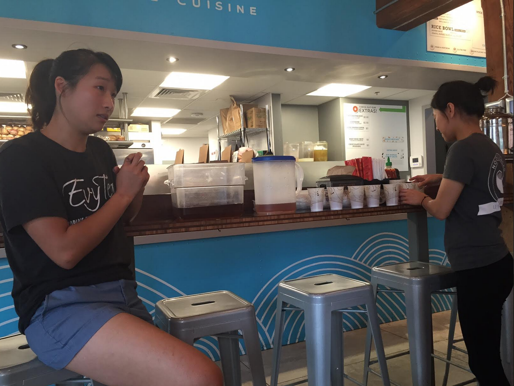 Ali and Evy preparing for a tea demo at Bon Me Fort Point