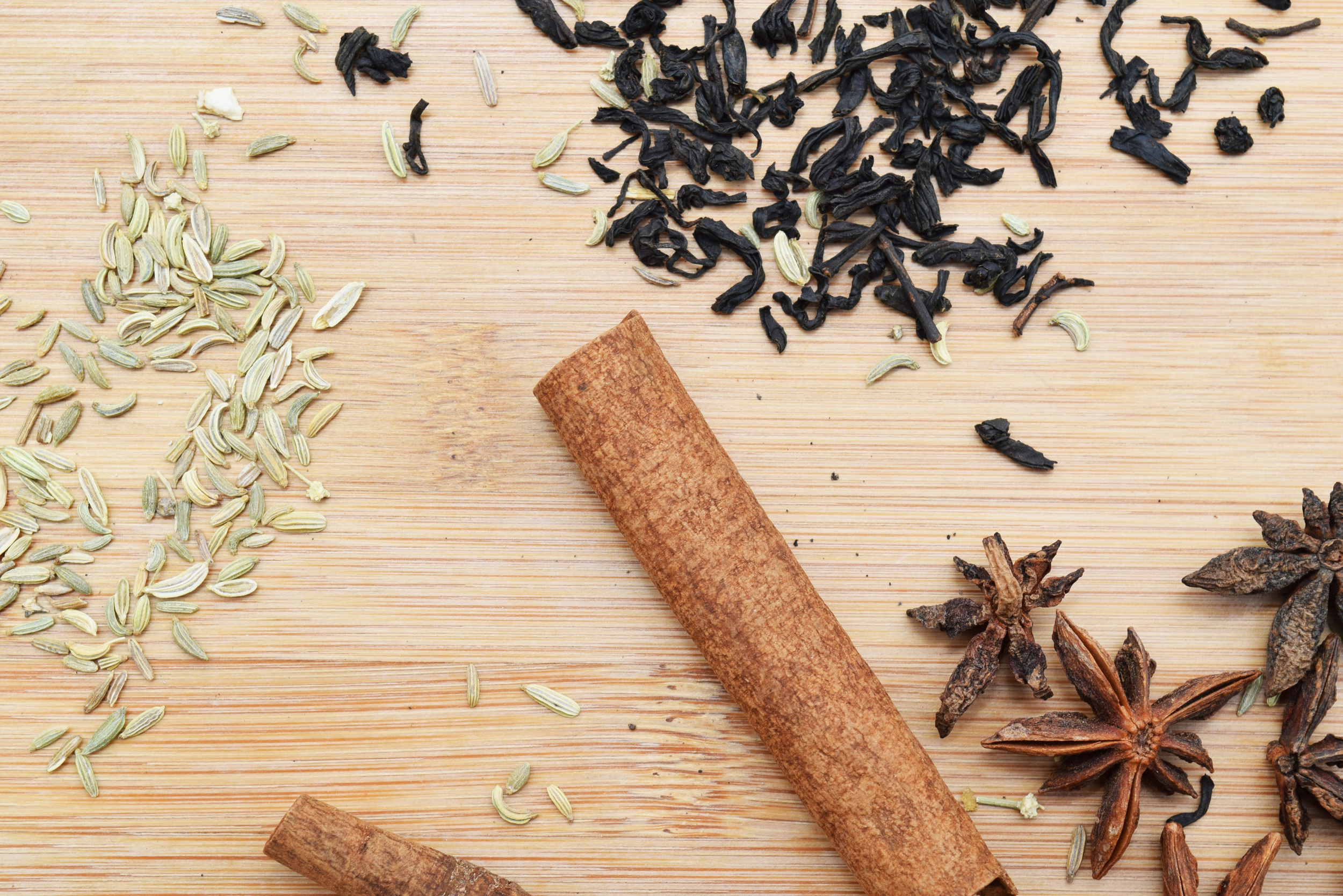 Fennel seeds, Cinnamon sticks, Lasang Souchong Tea and Anise Stars