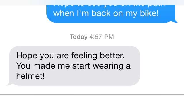A text from the cyclist who was riding behind me at the time of the accident. I am very lucky that he was there to help keep me calm post-accident, provide information about what happened, and I will never forget his kind words or this text message. 