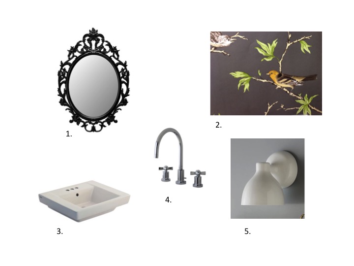 1. Ung Drill Mirror $24.99, Ikea 2. Villa Fiori $240/per roll, Gaston Y Daniela 3. Boulevard sink including pedestal $209, Home Depot 4. Millennium faucet $208, Kingston Brass 5. Contour Single Sconce $49, West Elm