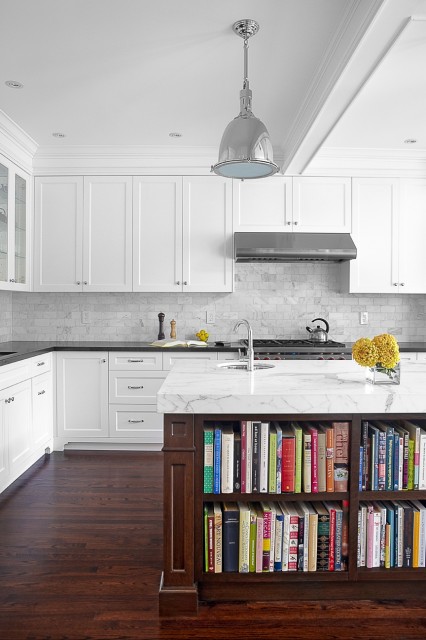 Cabinets are painted Chantilly Lace by Benjamin Moore.