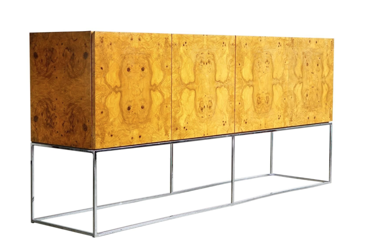 Burl wood cabinet with chrome base.
