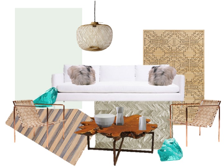 Clockwise from top left: Farrow & Ball paint in Cabbage White. Bamboo light fixture at Bodie and Fou. Layered rugs, all from One King's Lane . White sofa and recycled green glass at abc carpet & home . Sheepskin pillows, here . Woven leather & copper chairs by Eric Trine . Free form teak wood coffee table, Kathy Kuo Home . Ceramic objects on table by Fort Standard for 1882 .