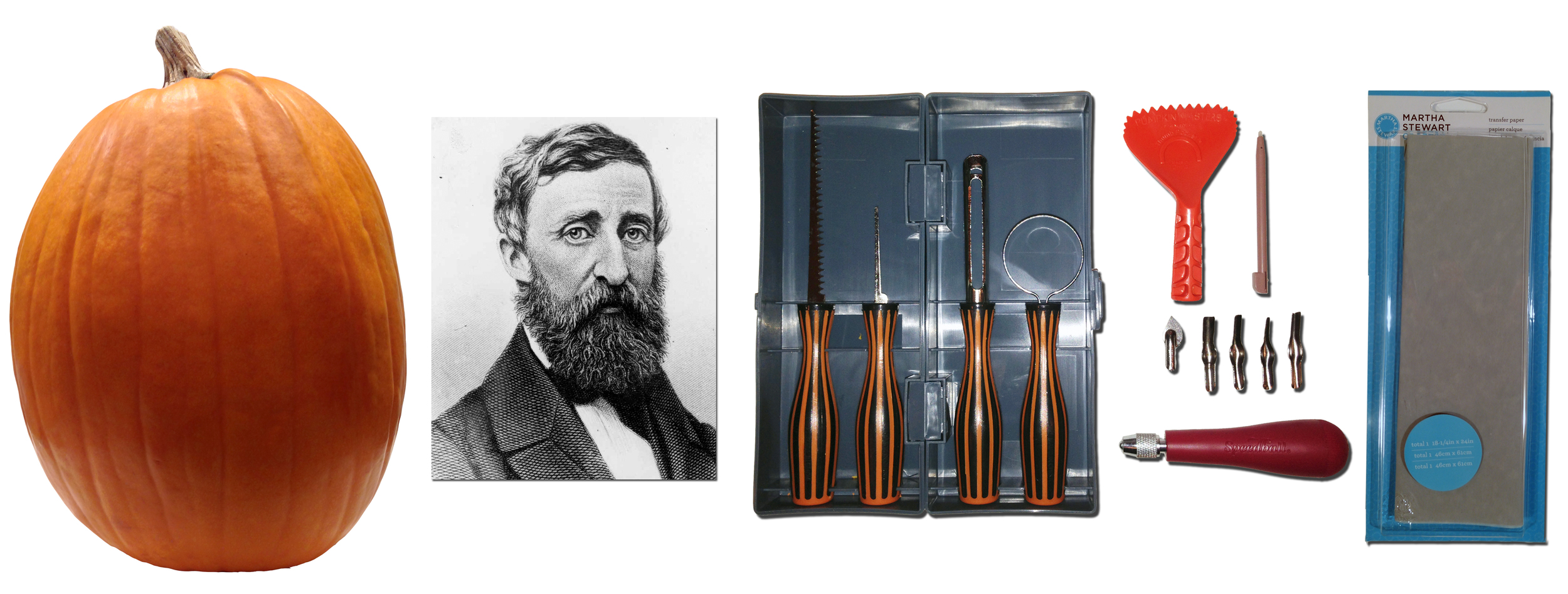 From L to R: a pumpkin, inspirational photo of Thoreau, carving tools, a stylus from Nintendo DS, a Speedball linoleum cutter kit, and Martha Stewart transfer paper