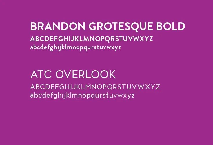     Type:&nbsp;     Brandon Grotesque was chosen for headlines as a bold yet friendly typeface. ATC Overlook complements the bold headlines as legible body copy at many sizes. Both typefaces are web-safe for fast and easy use on digital media.   
