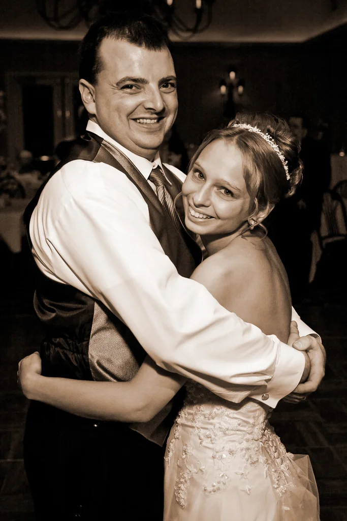 Sepia photograph of a bride and groom during first dance