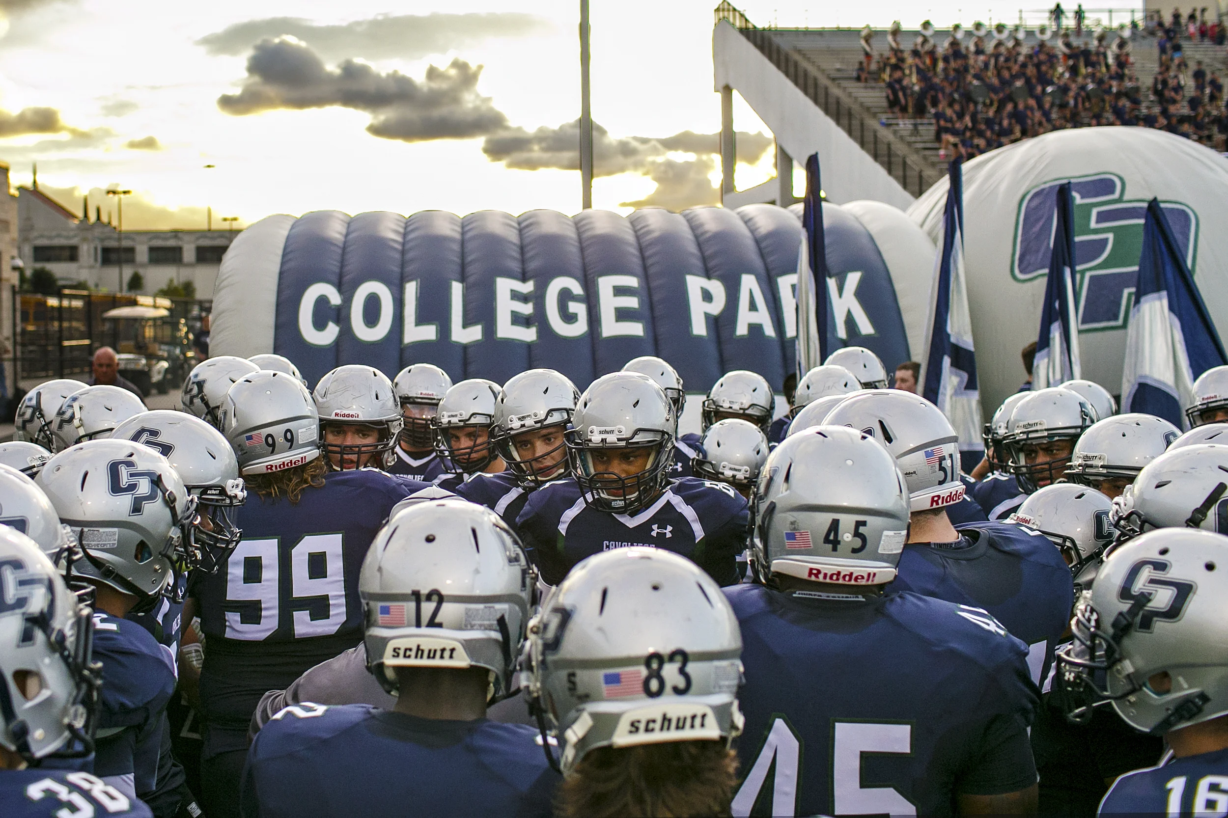 Conroe Woodlands College Park players huddle before being introduced to the crowd prior to their game against Pearland played on August 29, 2014 at Woodforest Bank Stadium in Shenandoah, Texas. The College Park Cavaliers would lose to the Oilers 25-14.